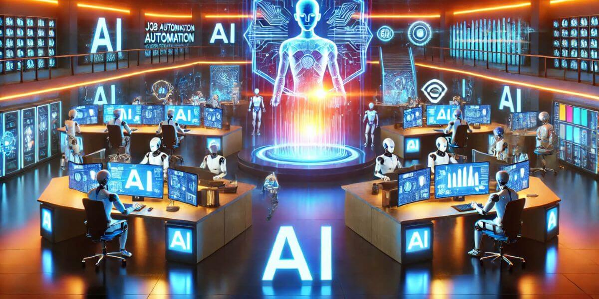 Imagem futurista representando o impacto da Inteligência Artificial no mercado de trabalho. A cena mostra um escritório de alta tecnologia onde robôs com IA trabalham ao lado de humanos. Telas holográficas exibem estatísticas sobre automação e decisões tomadas por algoritmos. A iluminação neon azul e laranja destaca a atmosfera inovadora e tecnológica.