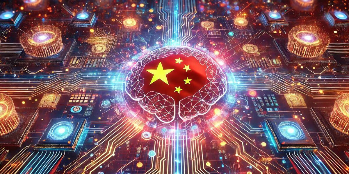 Imagem representando o avanço da inteligência artificial chinesa Qwen 2.5 Max da Alibaba, com elementos visuais de IA, como redes neurais e circuitos digitais, mesclados à bandeira da China ao fundo. A imagem destaca a inovação tecnológica da nova IA chinesa, competindo com modelos como o ChatGPT e o DeepSeek.