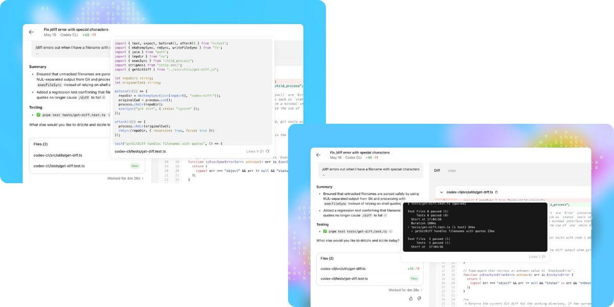 Interface do Codex OpenAI corrigindo erro de codificação no Codex CLI, com exibição de testes automatizados e resultados para programação segura.