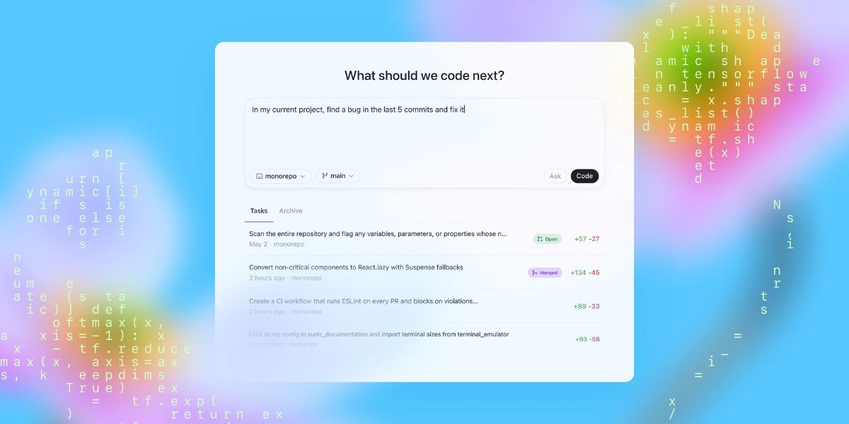 Interface do Codex OpenAI no ChatGPT mostrando a criação de tarefas de codificação automatizadas, com destaque para a busca e correção de bugs no repositório.