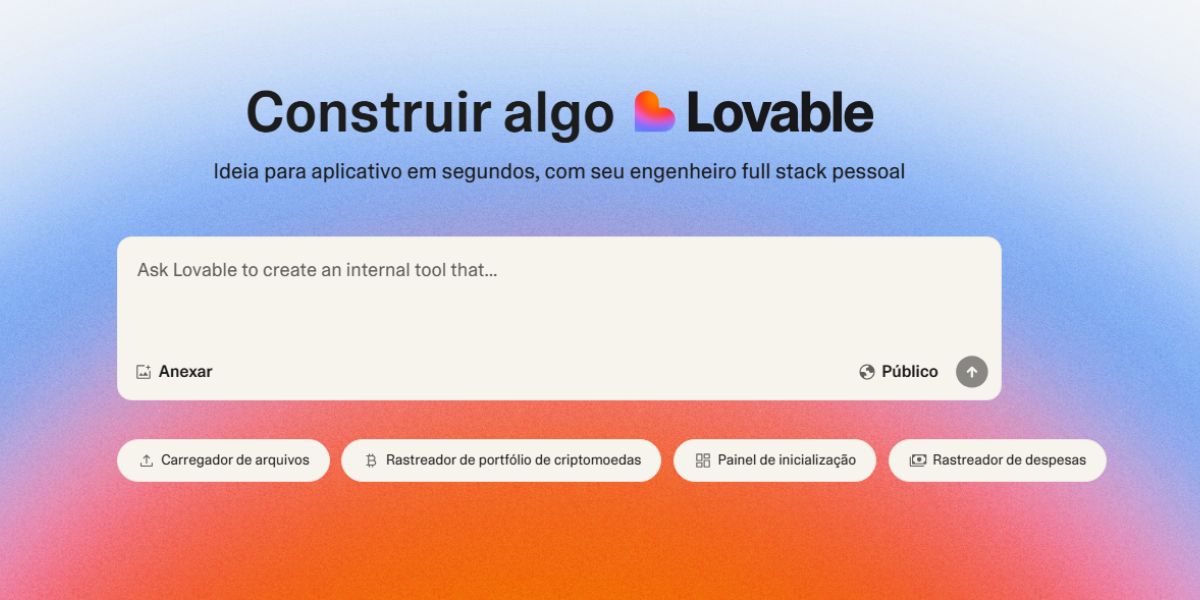 Interface inicial da plataforma Lovable.dev com campo de entrada para criar aplicativos web usando inteligência artificial e sugestões de ferramentas internas como rastreador de criptomoedas, carregador de arquivos e painel de inicialização.