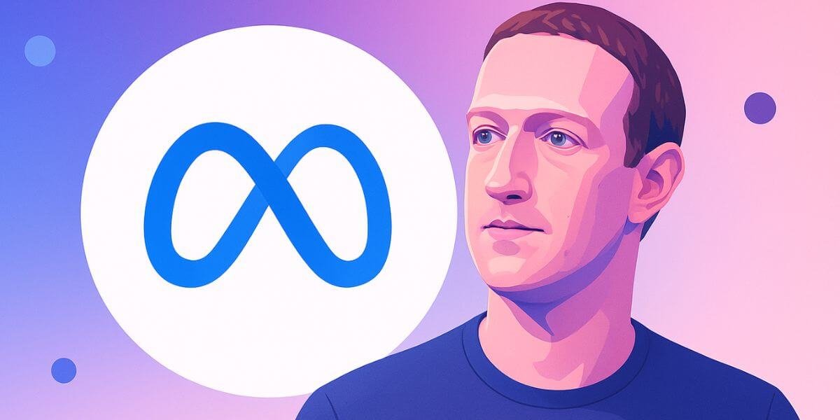Ilustração digital de Mark Zuckerberg em estilo moderno, com fundo em tons de azul, roxo e rosa, ao lado do logotipo da Meta.