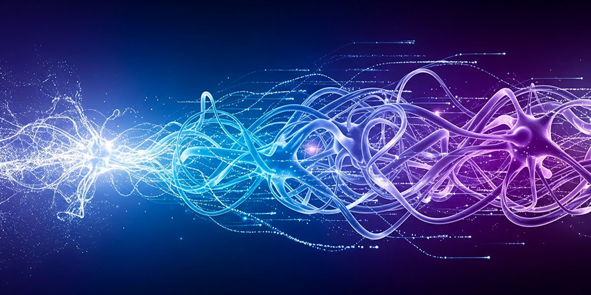 Representação abstrata da evolução da inteligência artificial com redes neurais e fluxo de dados em tons de roxo e azul, ideal para ilustrar a história e o desenvolvimento da IA.