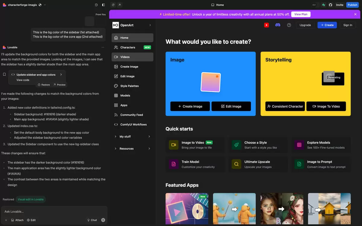 O que é o LovableTela do editor visual da plataforma Lovable.dev com interface escura, painel lateral com menu de criação de imagens e storytelling, e comandos de edição de cores com Tailwind CSS.