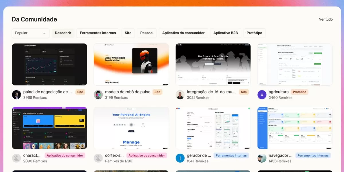 Galeria de projetos da comunidade no Lovable.dev com exemplos de aplicativos web gerados por IA, incluindo painel de negociação, robô de pulso e ferramentas internas.