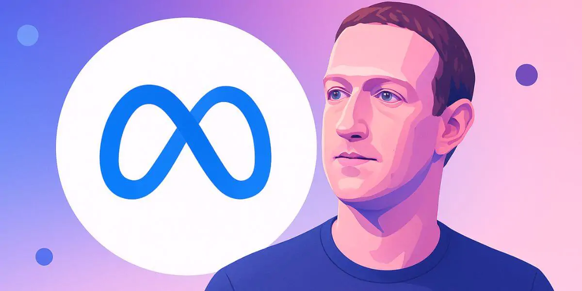 Ilustração digital de Mark Zuckerberg em estilo moderno, com fundo em tons de azul, roxo e rosa, ao lado do logotipo da Meta.